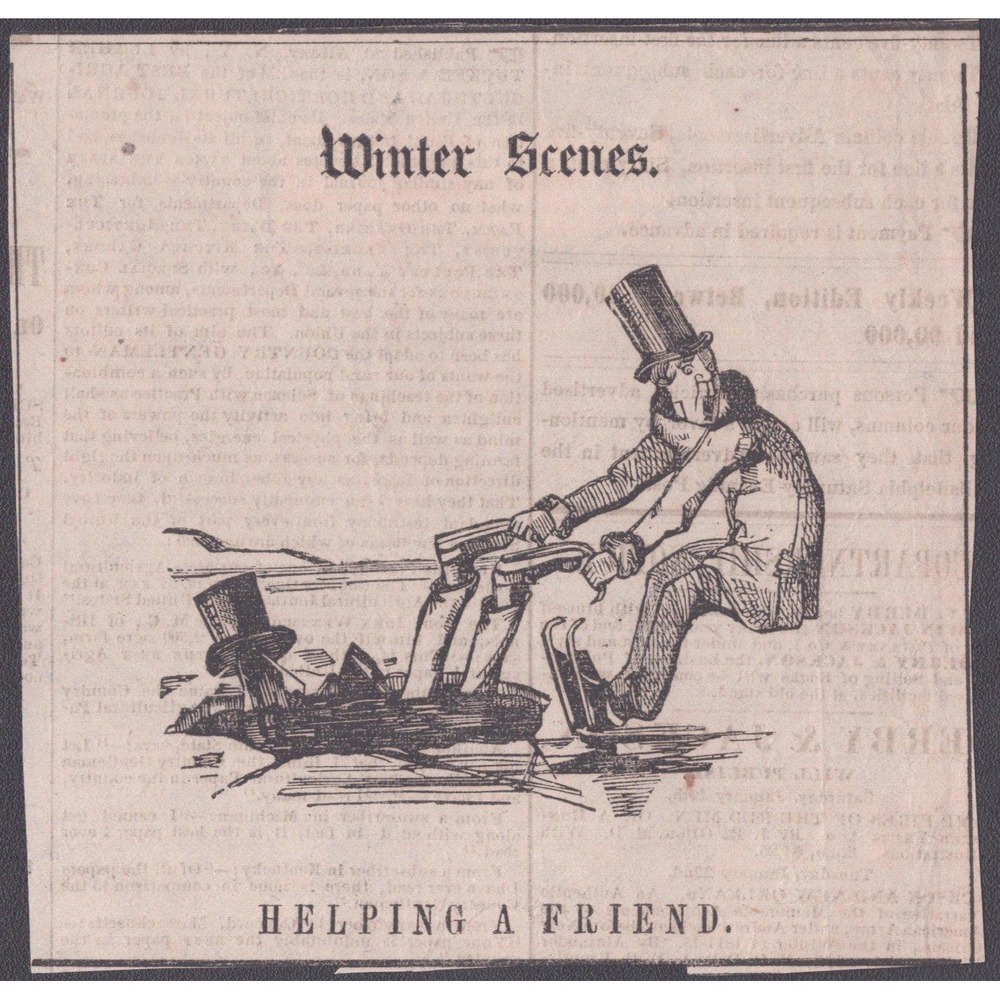 1850s Saturday Evening Post Winter Scenes Helping a Friend Antique Woodcut Print